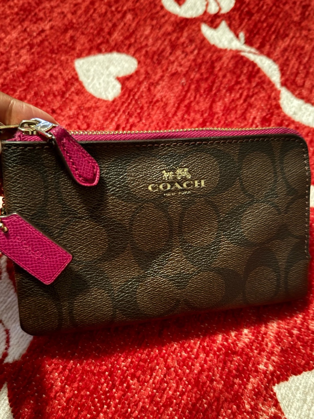Authentic COACH Signature double Zip Wallet in Brown with Pink Trim